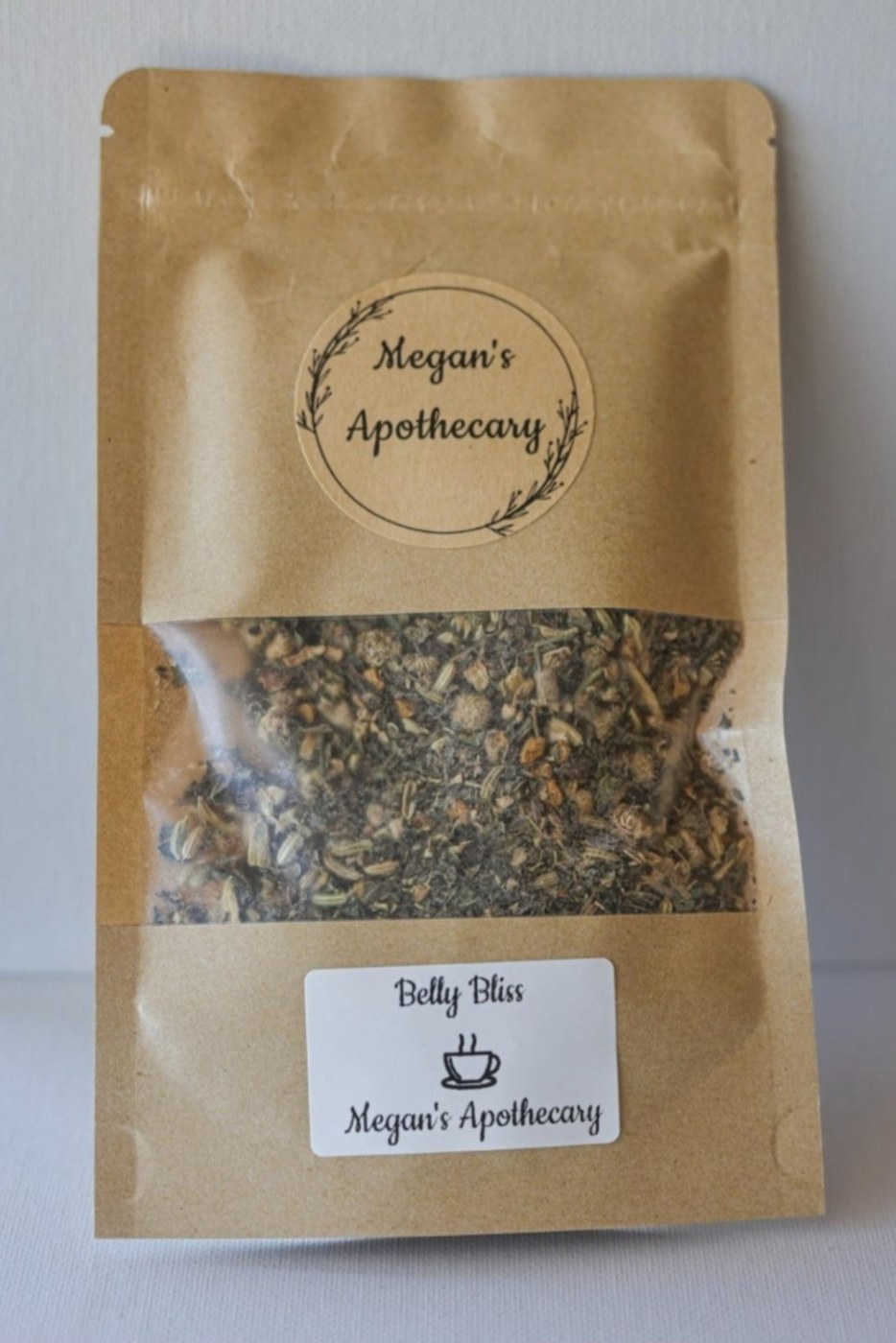 A kraft pouch of Belly Bliss herbal blend