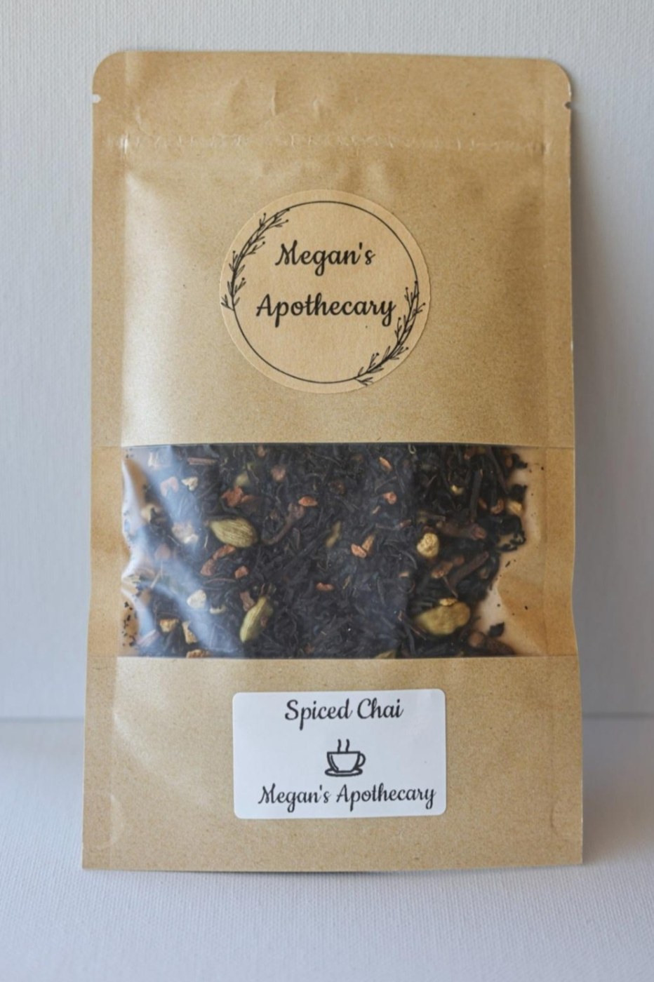 A kraft pouch of Spiced Chai loose leaf tea